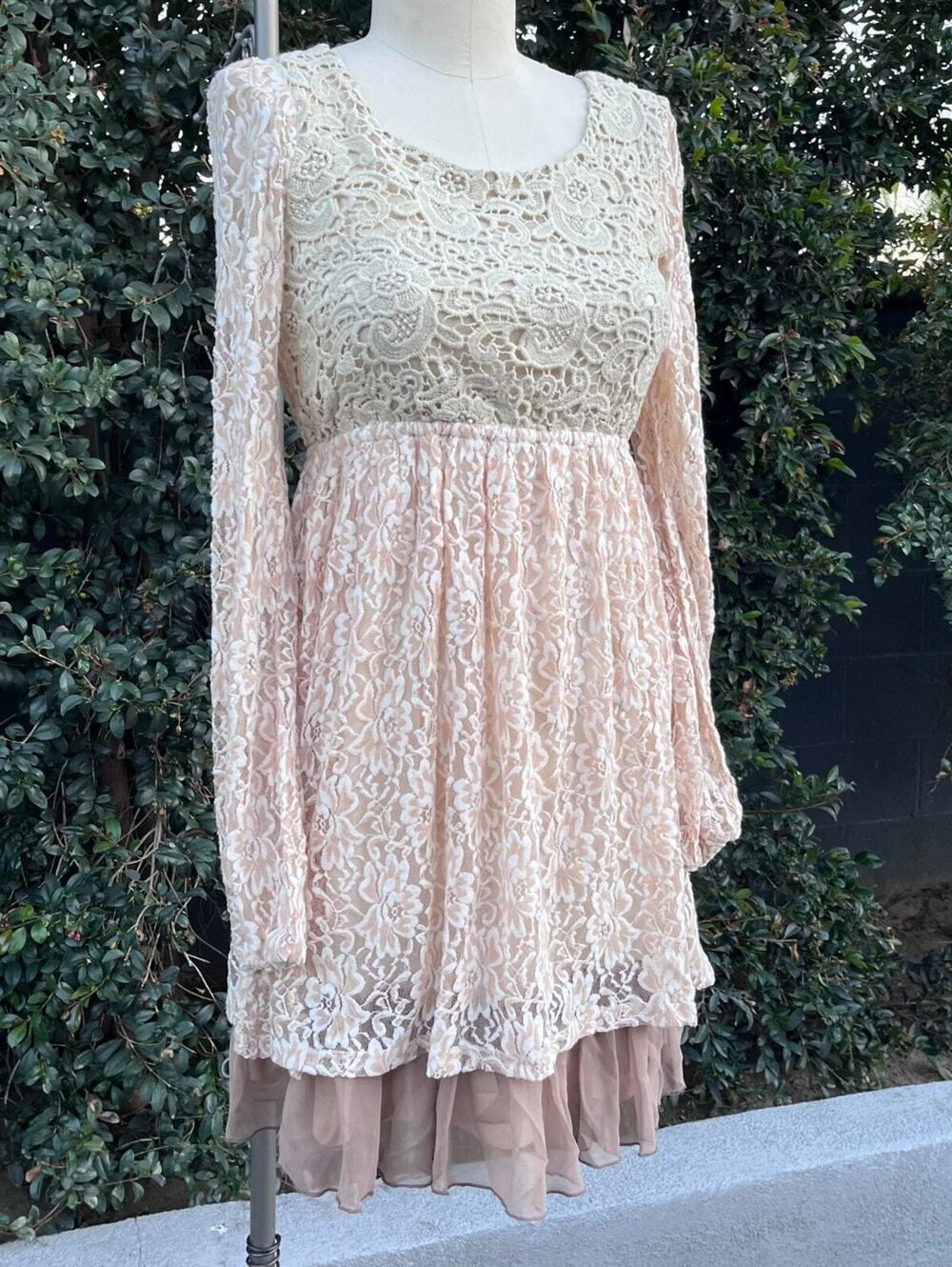 A’reve Romantic Tan Cream Underlined Tulle Stretch Long Sleeve Fairy Dress Small